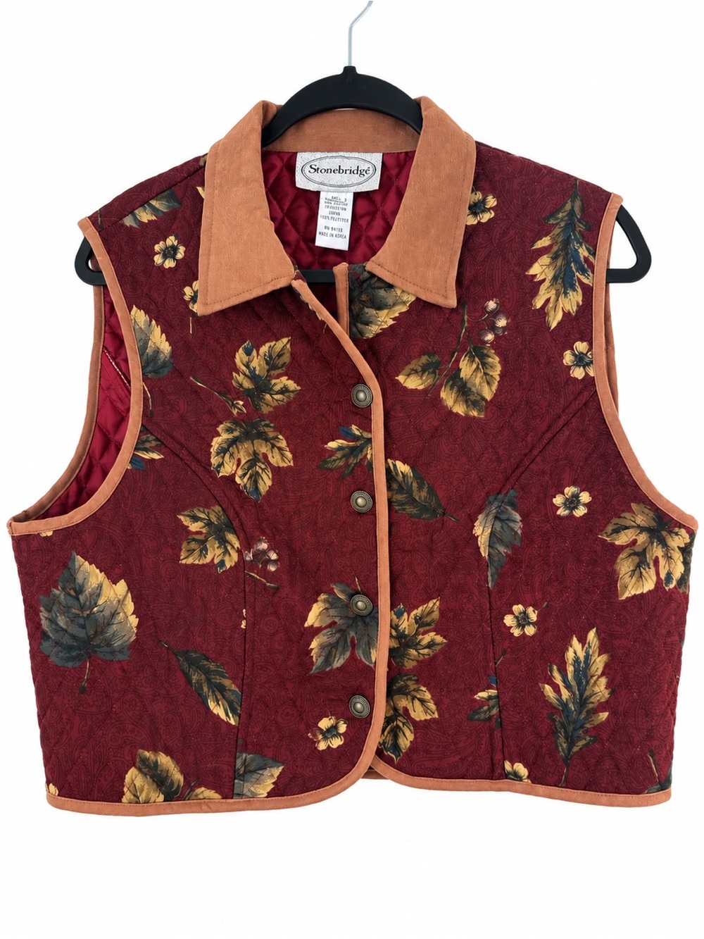 Stonebridge Quilted Floral Autumn Leaf Vest Burgundy Button Front Cottagecore XL